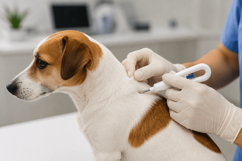 Médico-veterinário implantando um microchip em um cão enquanto o tutor acompanha o procedimento, em ambiente clínico seguro e tranquilo.