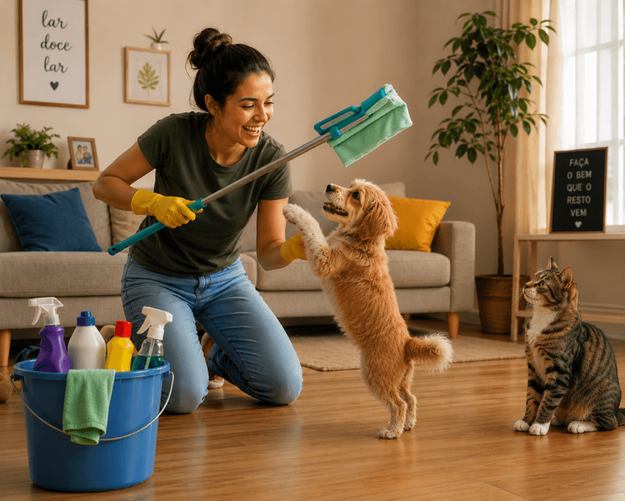 Tutor realizando a limpeza da casa com produtos seguros enquanto um cão e um gato observam à distância, em um ambiente limpo, iluminado e livre de produtos químicos expostos.
