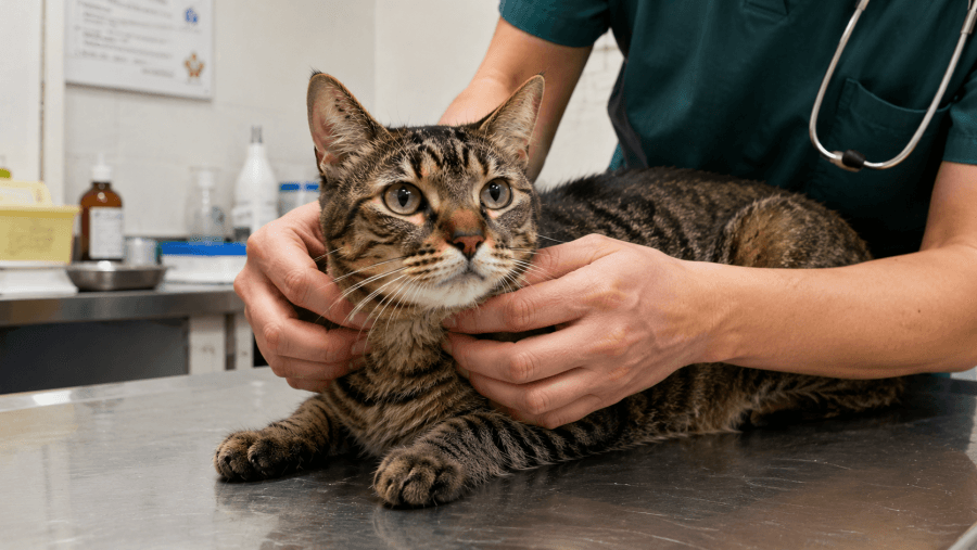 Gato idoso sendo examinado por um médico-veterinário enquanto a região do pescoço é palpada para avaliação da tireoide.