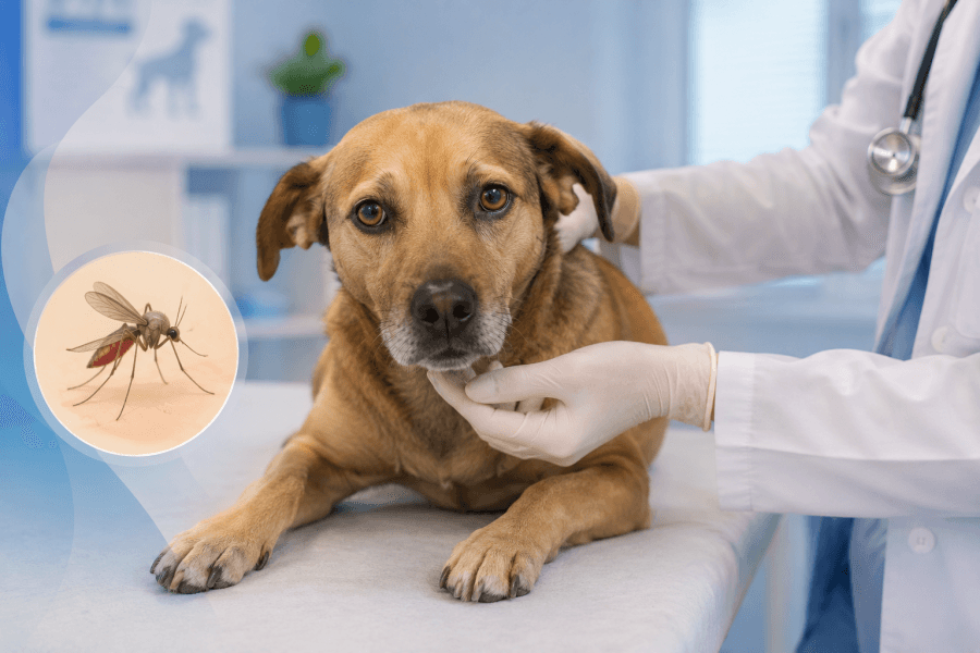 Cão de porte médio usando coleira repelente enquanto é examinado por um médico-veterinário em ambiente externo, representando a prevenção e o diagnóstico da leishmaniose visceral canina.
