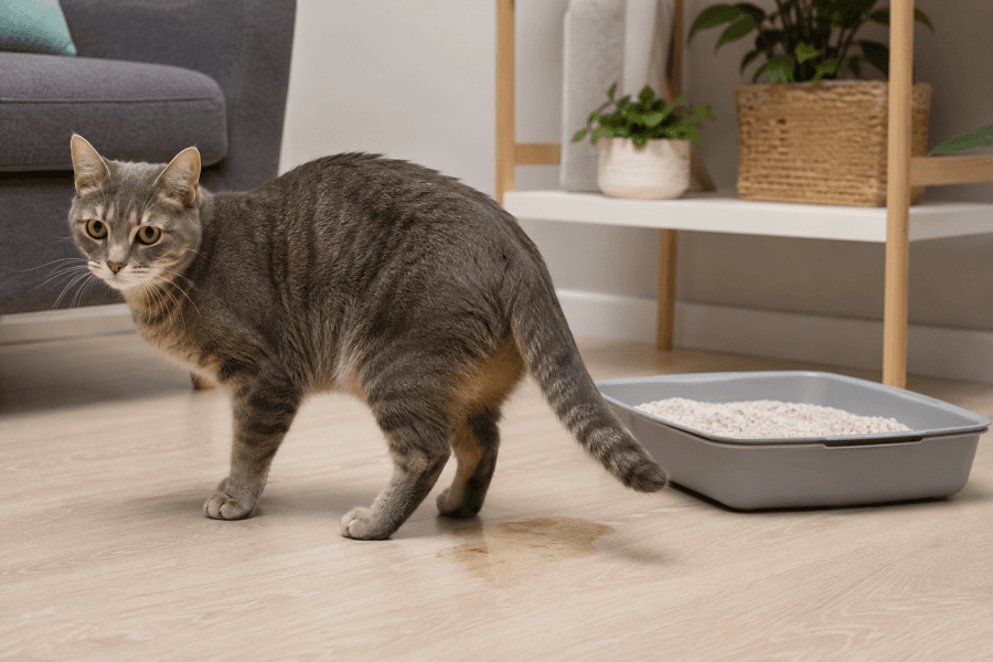 Gato doméstico ao lado da caixa de areia observando o ambiente antes de urinar.